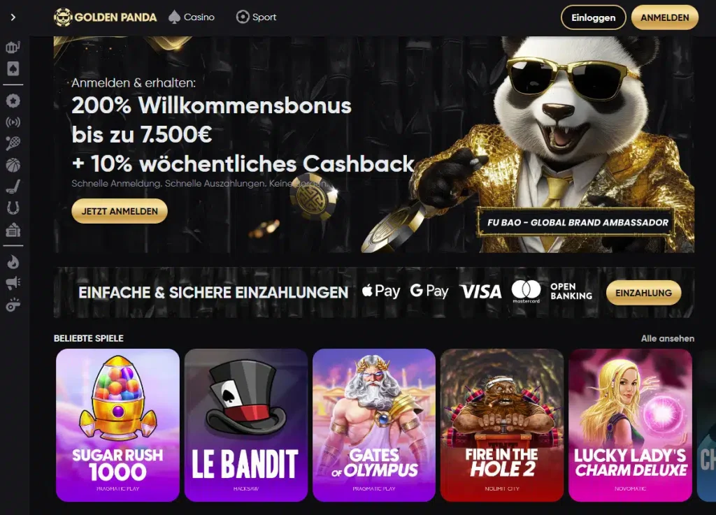 Casino ohne Anmeldung – Screenshot der Golden Panda Casino-Website, die eine umfangreiche Auswahl an Live-Casino-Spielen wie Boom City, Double Ball Roulette, Mega Baccarat, Craps, Powerup Roulette und Infinite Blackjack zeigt. Zusätzlich sind beliebte Game Shows wie Crazy Time, Sweet Bonanza Candyland, Monopoly und Deal or No Deal sichtbar.